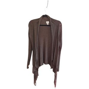 Chico's olive green knubby knit rayon open cardigan with fringe Sz S/M